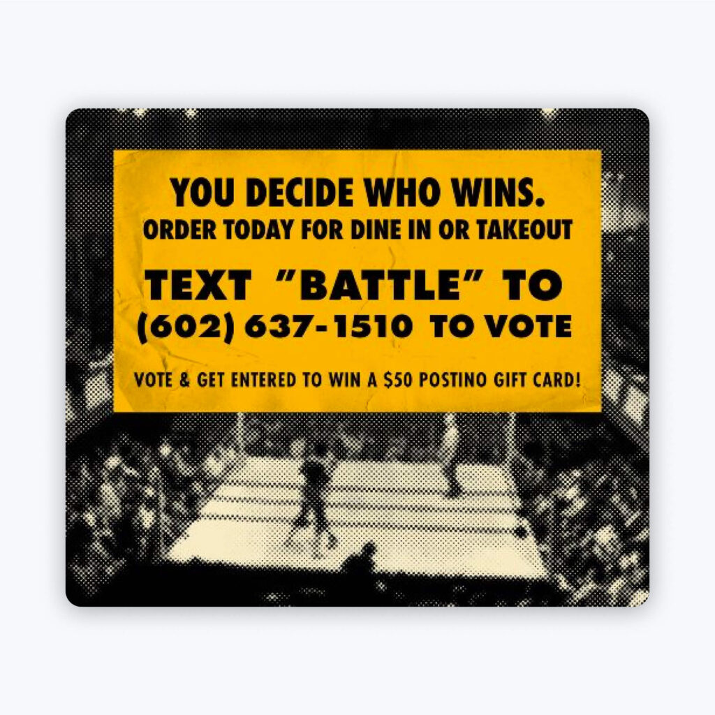 A website graphic that reads, "You decide who wins. Order today for dine in or takeout. Text BATTLE to (602) 637-1510 to vote."