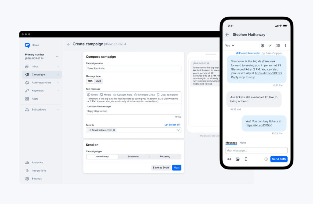 Screenshot of the campaign creation tab of SimpleTexting's event texting platform.