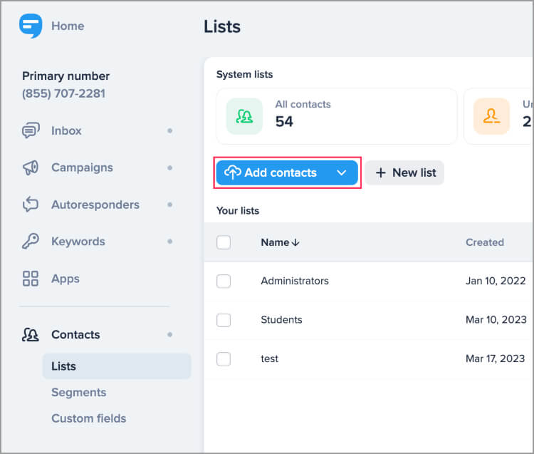 button to import contacts in SimpleTexting's SMS platform for small businesses