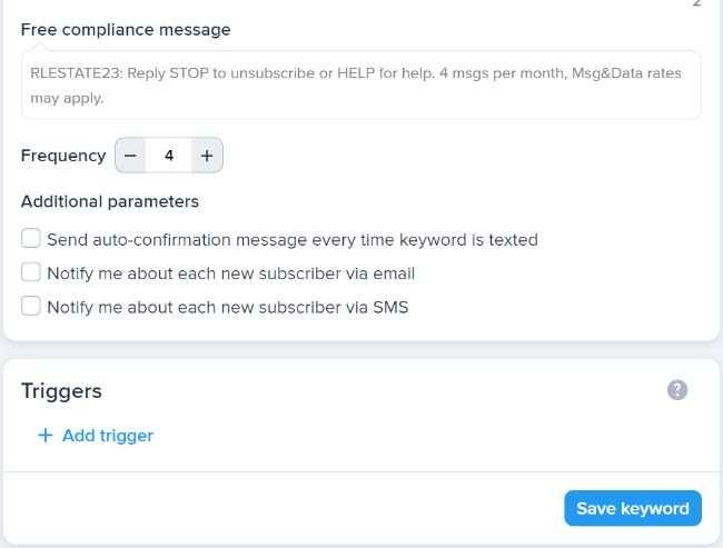 Setting parameters and compliance details on your opt-in keyword