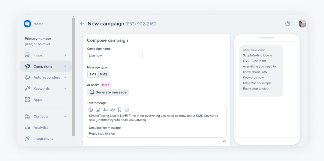Filling out a new SMS campaign