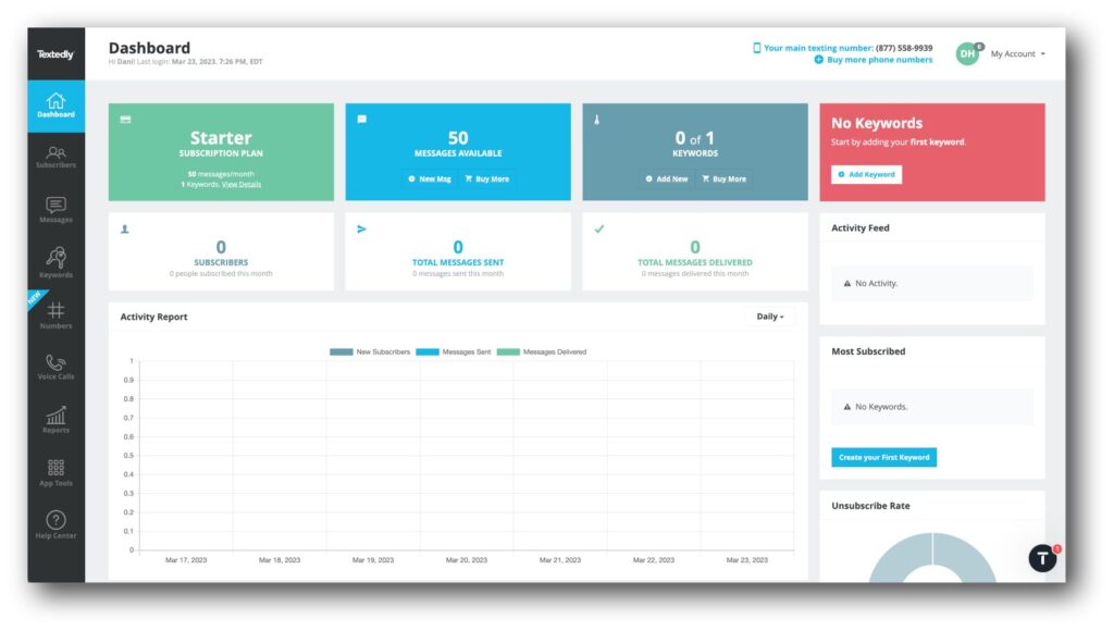 My dashboard in Textedly's SMS service for small businesses