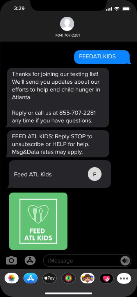 An example of an SMS keyword auto-confirmation message