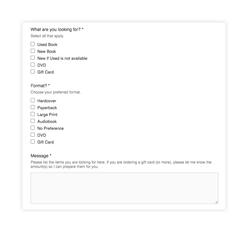 Web form on Yesterday's books website