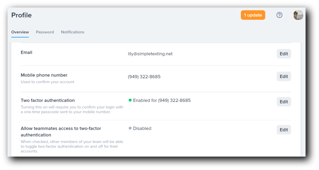 A fully enabled 2FA setting for SimpleTexting users
