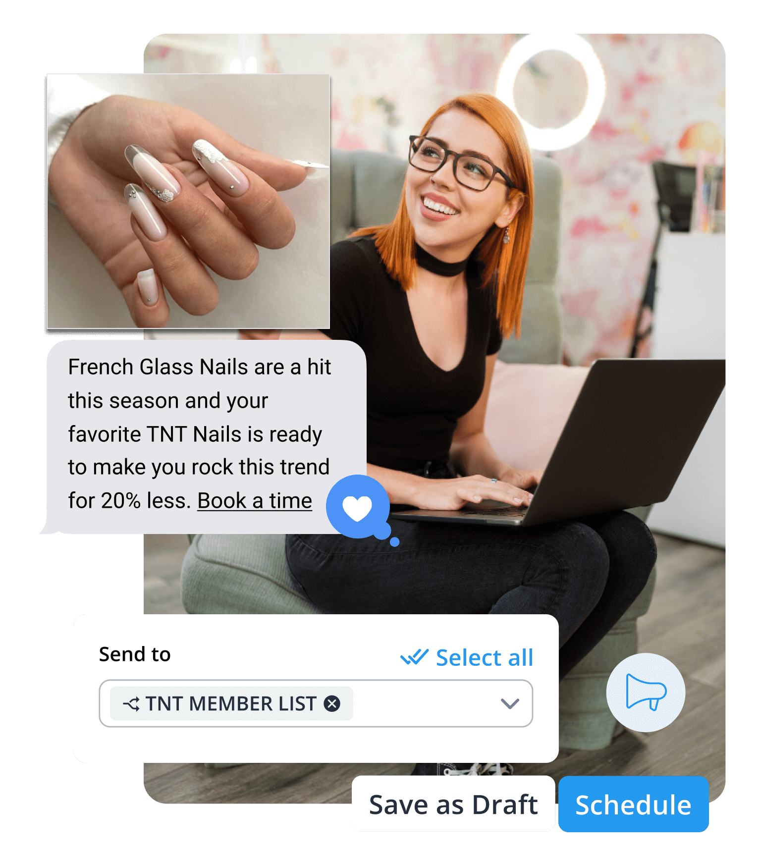A woman looking up from her computer and smiling at someone off-camera. A text message bubble floats around her and reads 