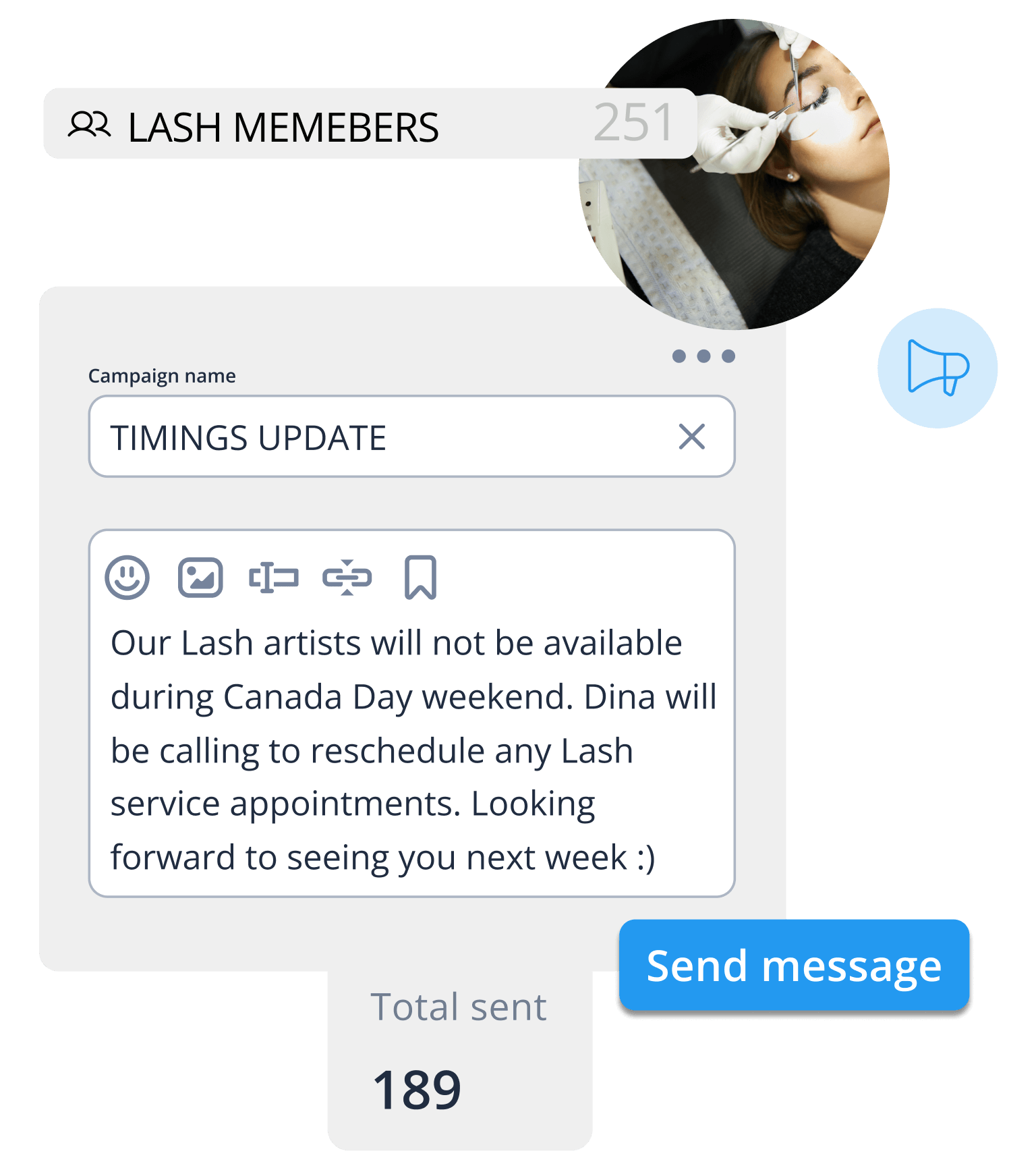 Woman receiving eye lash treatment with a text message campaign screenshot that reads 