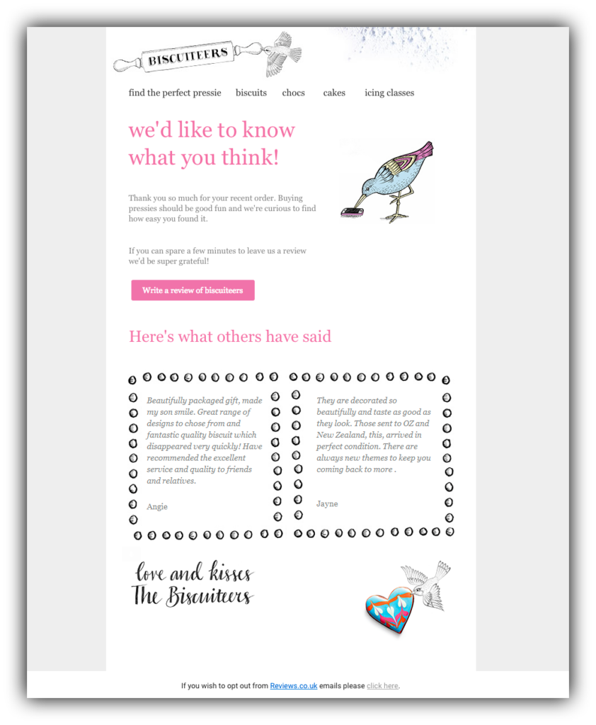 An email from Biscuiteers requests reviews after recent orders. It reads, "We'd like to know what you think! If you can spare a few minutes to leave us a review, we'd be super grateful!"