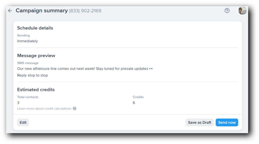 The campaign summary page in SimpleTexting
