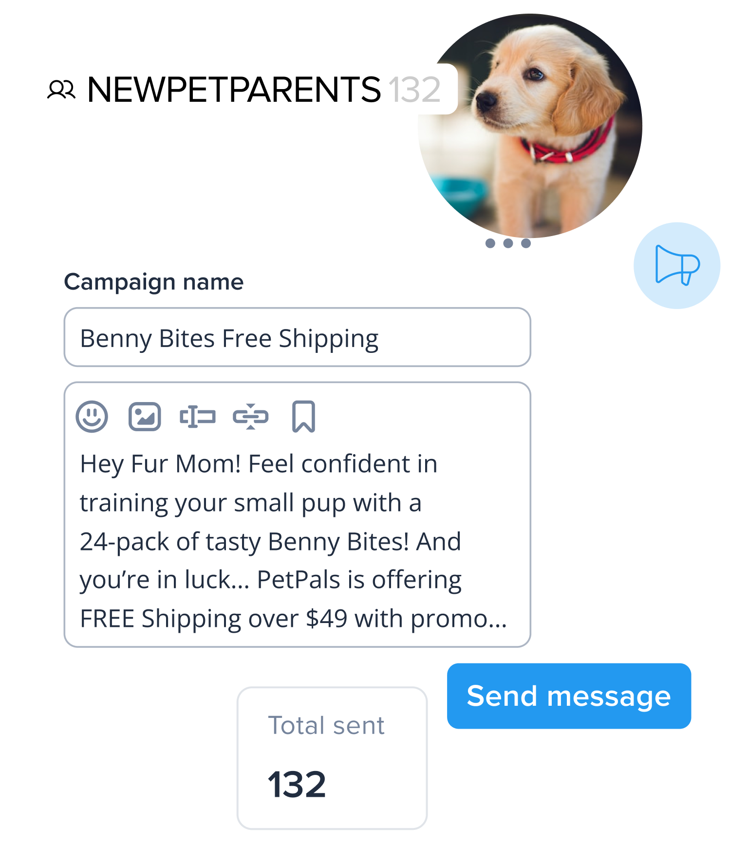 ecommerce text message draft that's being sent to a list called new parents