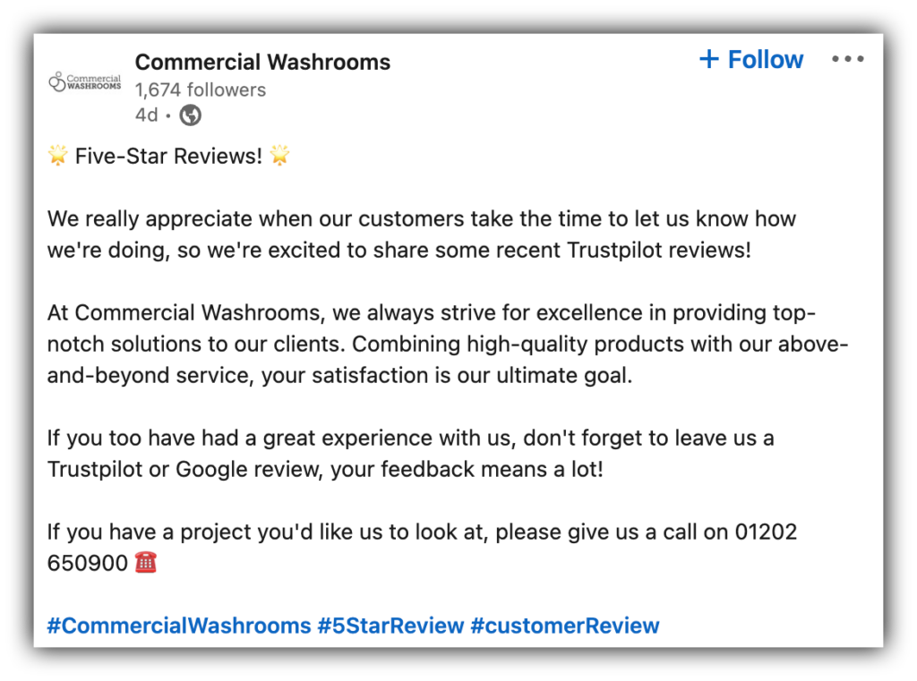 LinkedIn post asking for a Google review