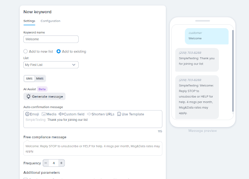 creating a keyword for a small business in SimpleTexting's SMS marketing service