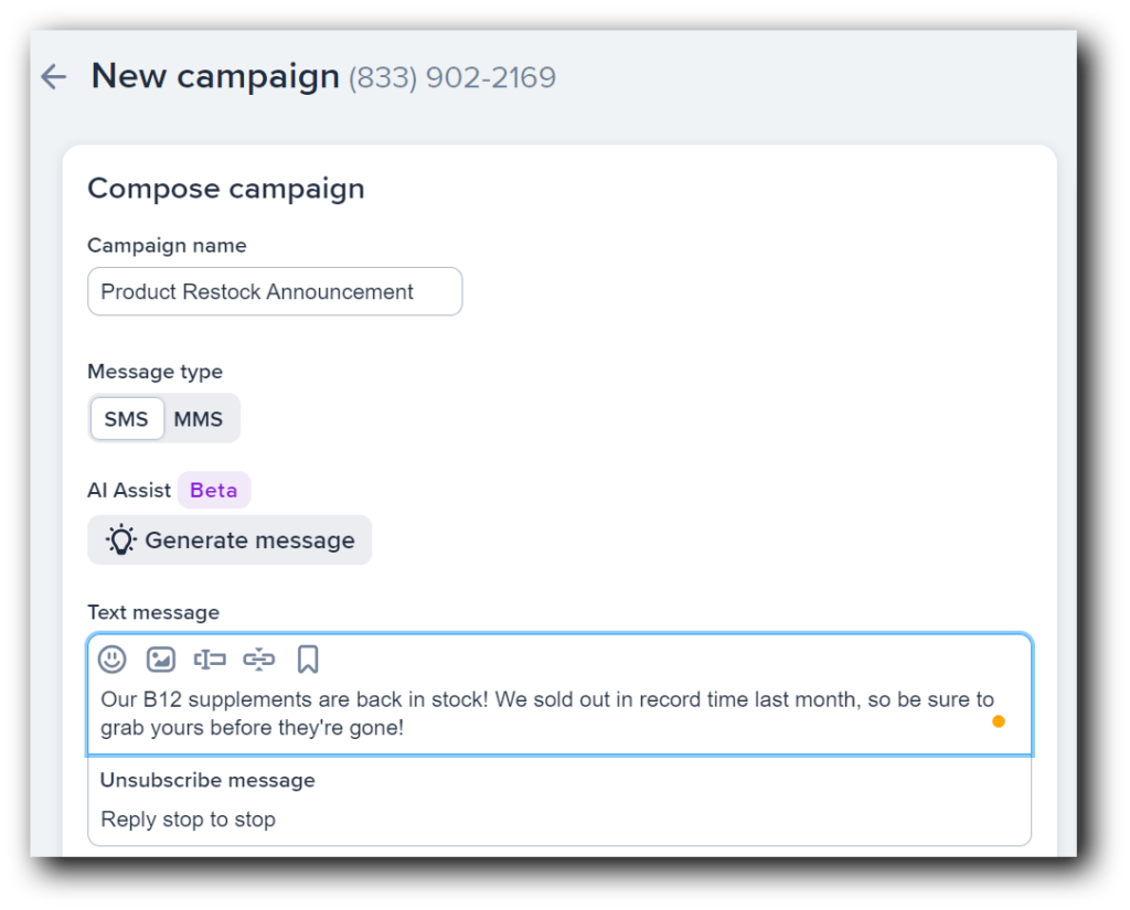 Setting up an e-commerce campaign in SimpleTexting’s platform.