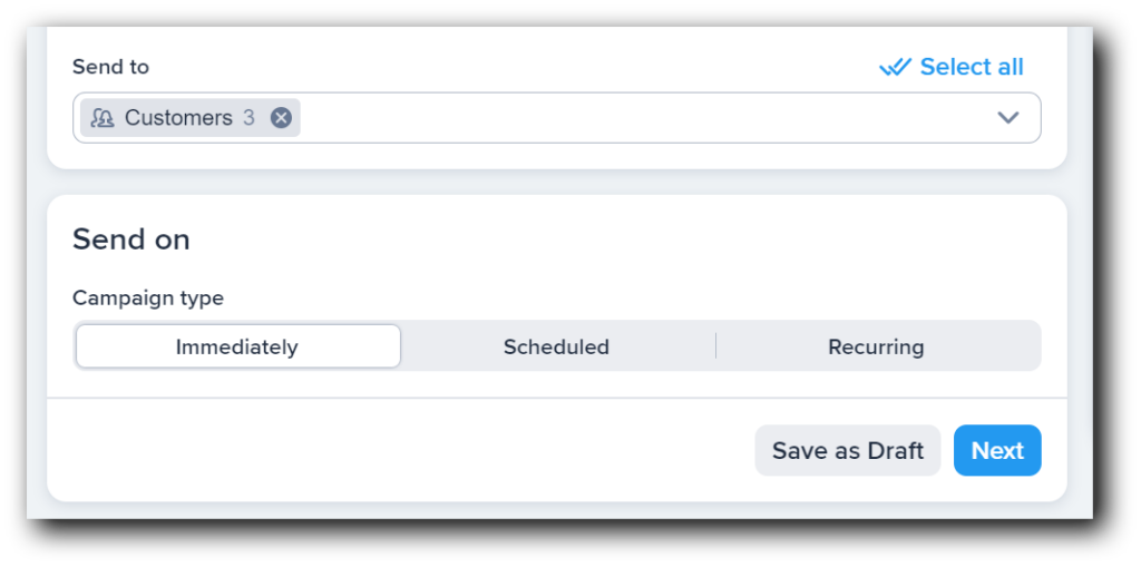 Choosing a contact list to receive your campaign and when to send it.