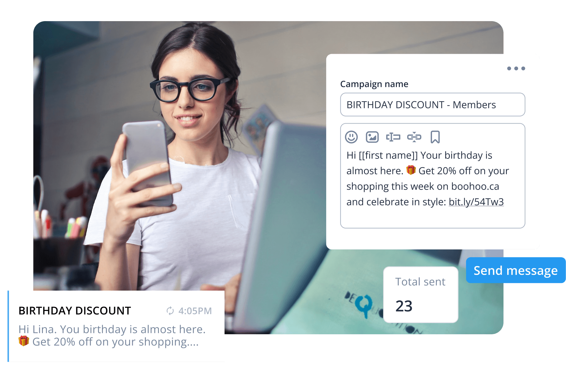 Text message marketing birthday discount campaign for retailers and ecommerce stores