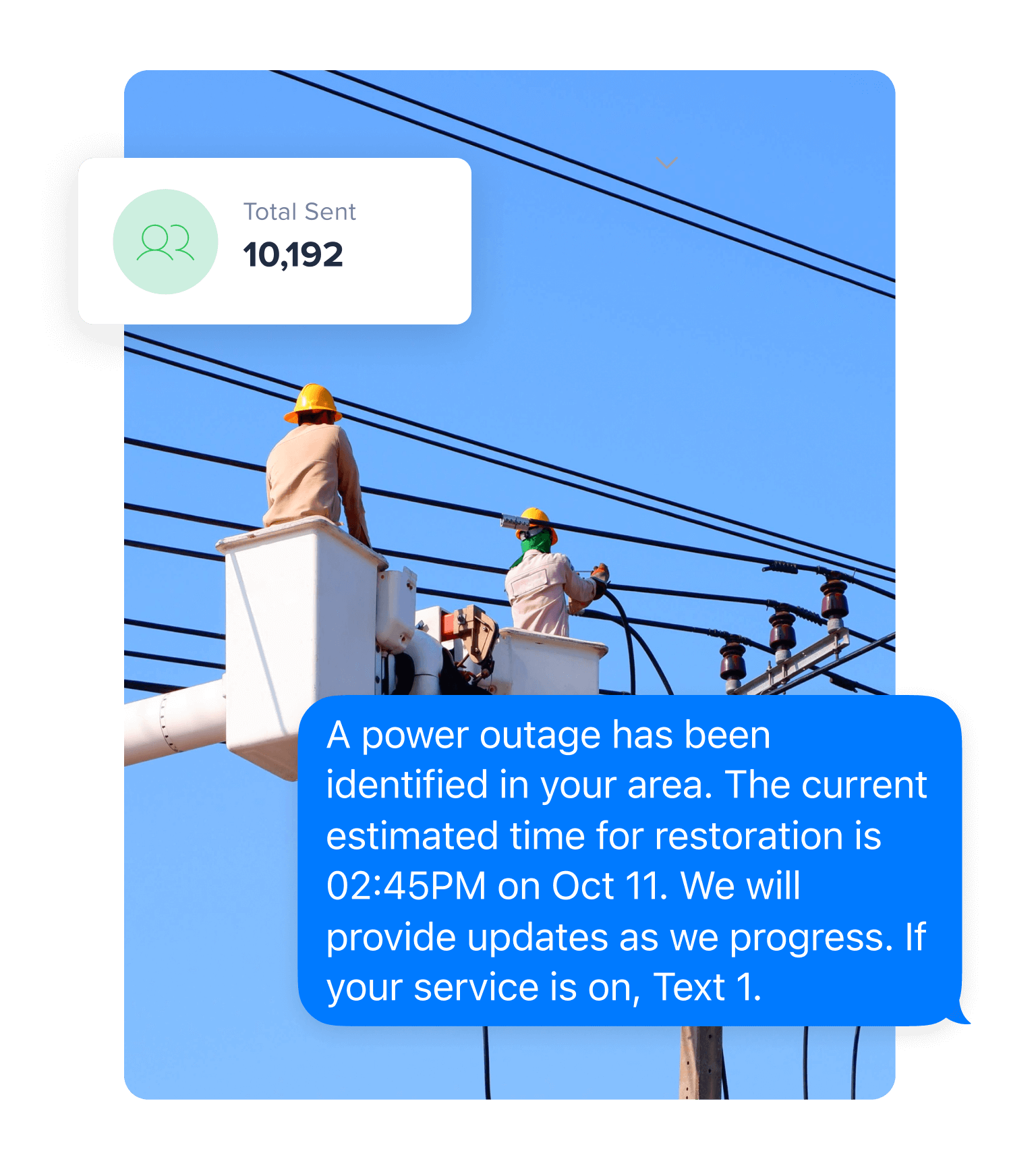A photo of two utility technicians working. A message sits on top of the photo that has been sent from an emergency text alert system. It reads,