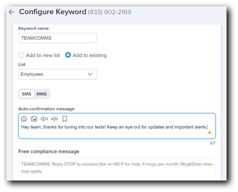 Creating an employee communication opt-in keyword 