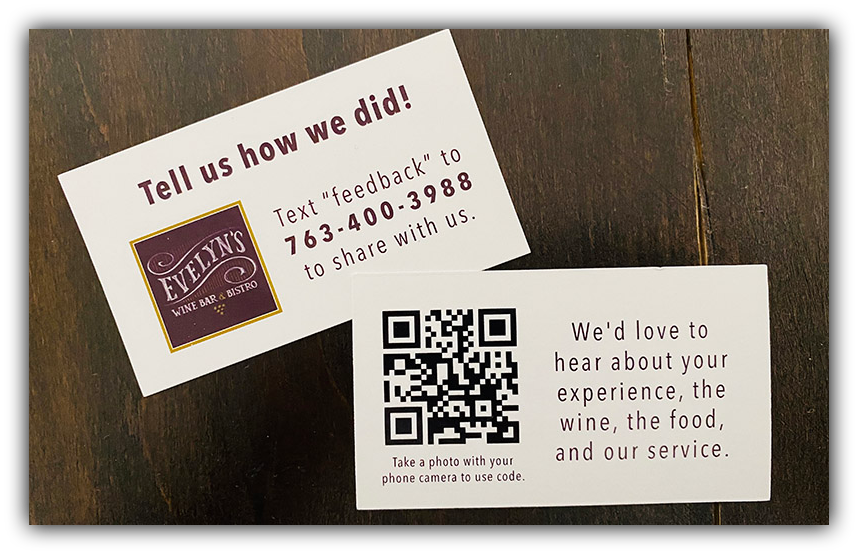 Photo of Evelyn's physical card request for a review. It reads, "Tell us how we did! Text FEEDBACK to 763-400-3988."