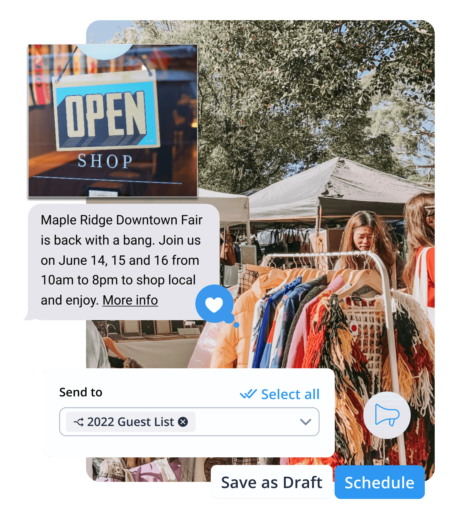 An outdoor street fair with a text message bubble above the crowd that reads 