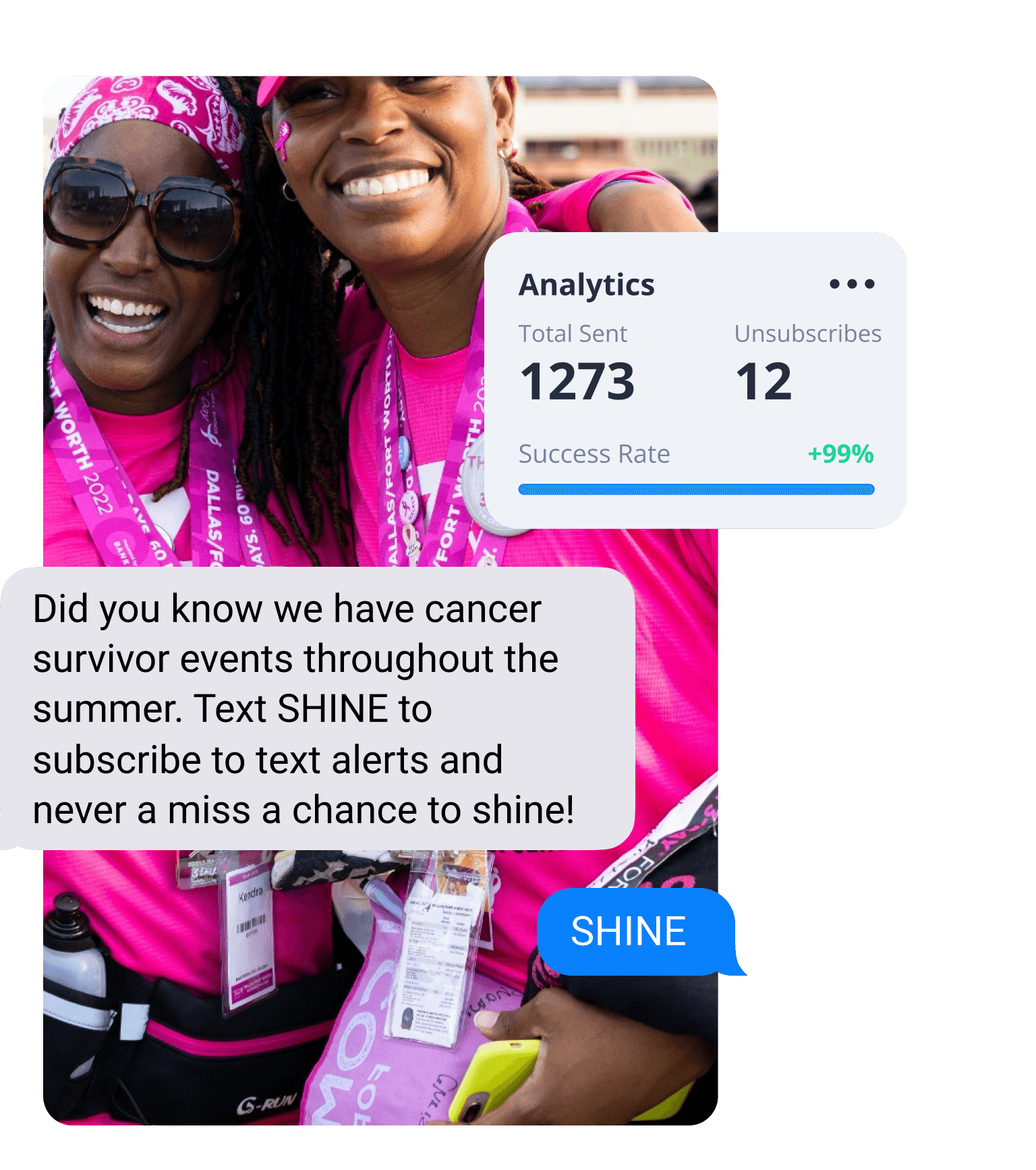 Two women wearing pink and smiling at camera with a text message bubble that reads 