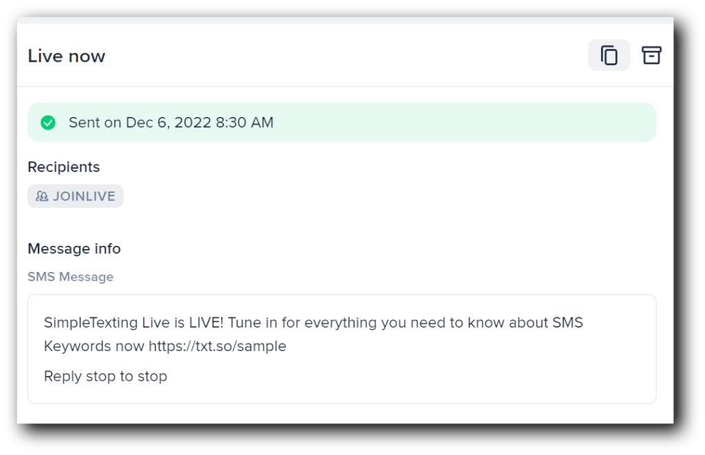 The "duplicate campaign" button in SimpleTexting