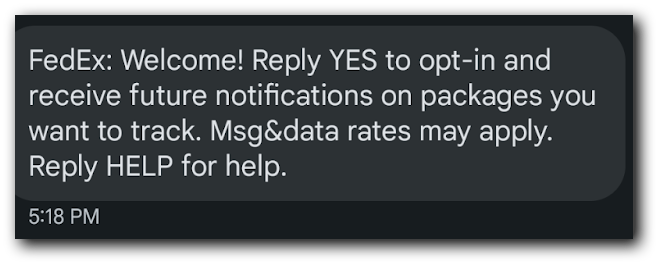 An informational welcome text from FedEx