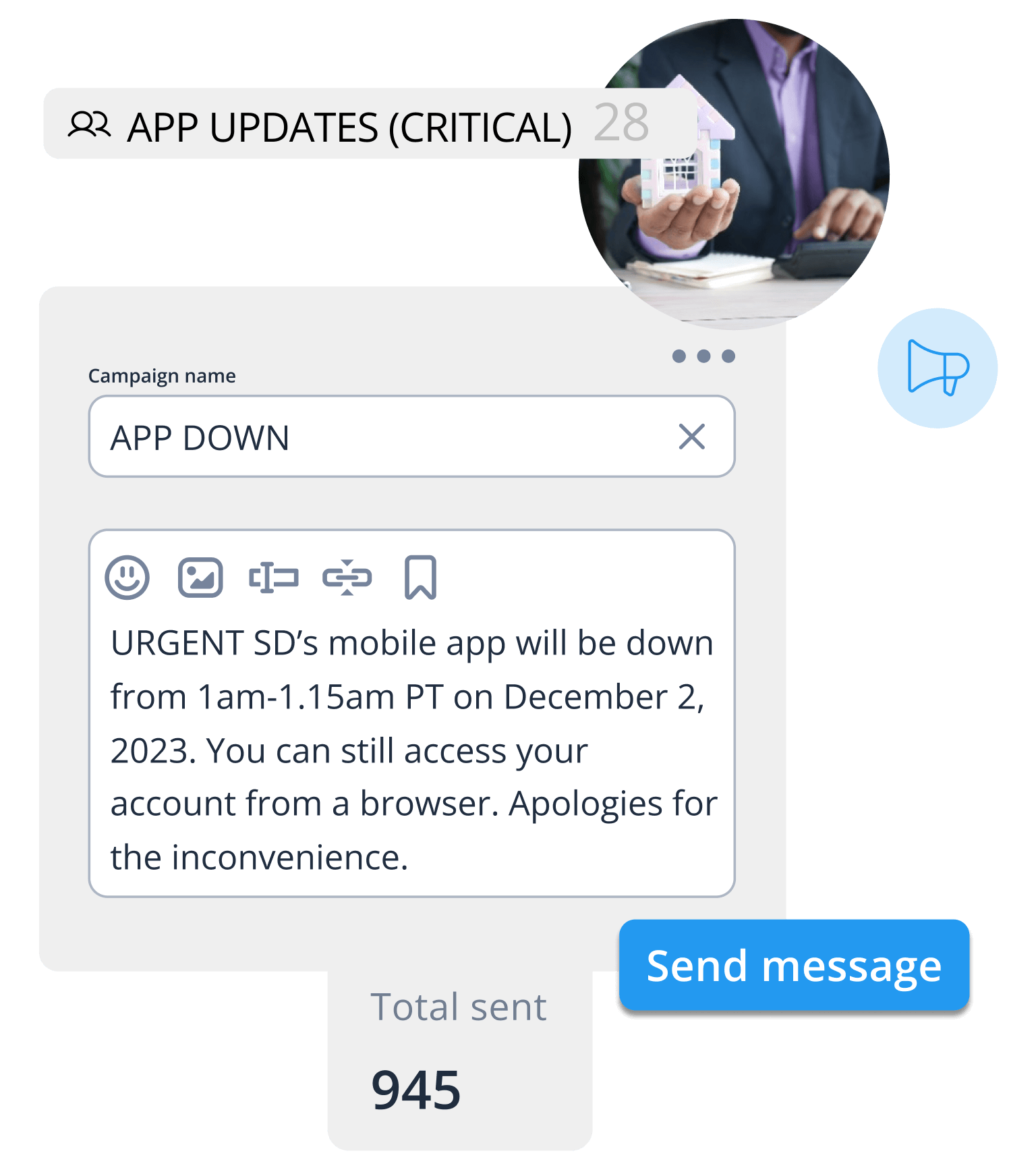 A screenshot of a text message campaign reads 