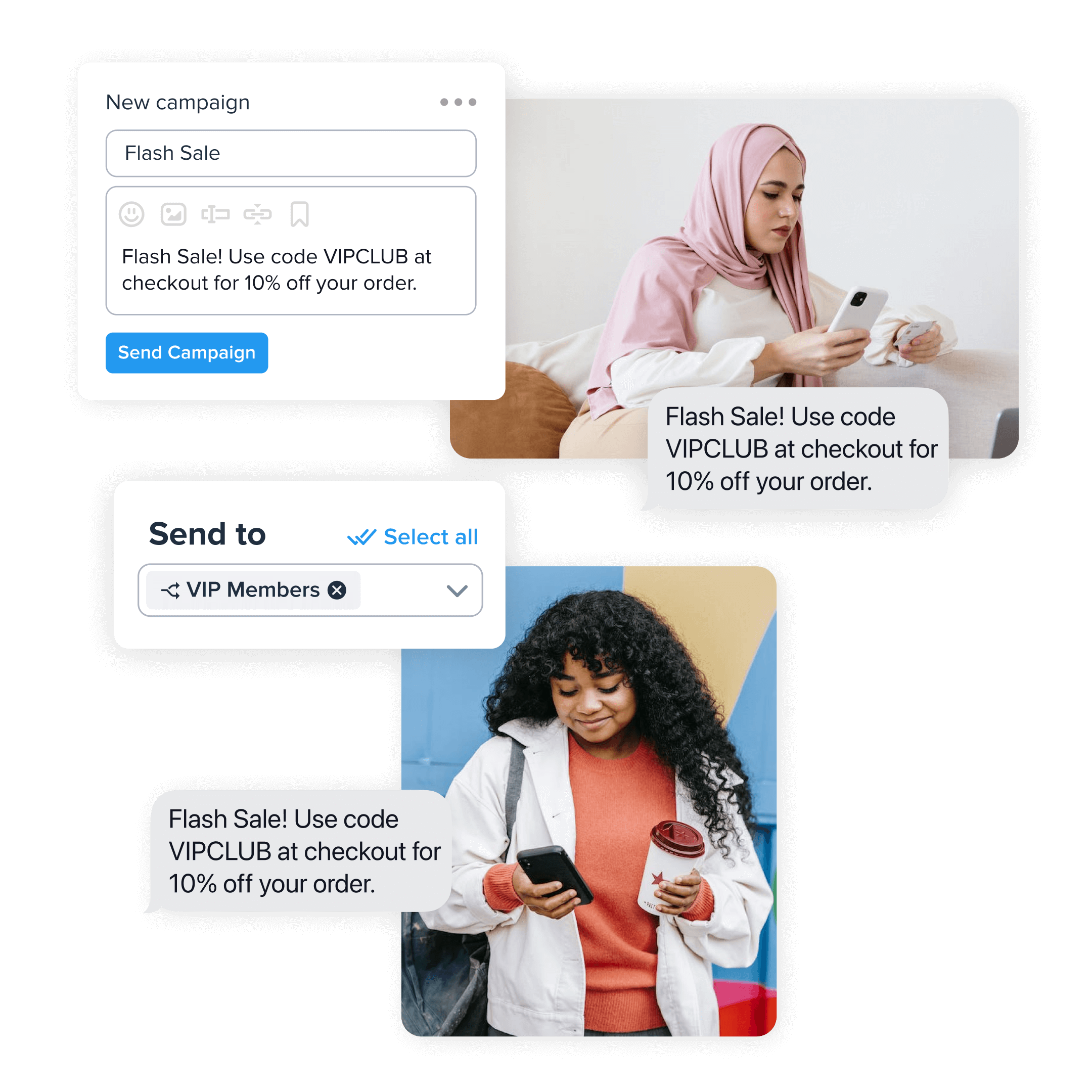 Two images of women looking at their phones. There are text messages overlaid on top of the images along with elements from SimpleTexting's mass texting software interface.