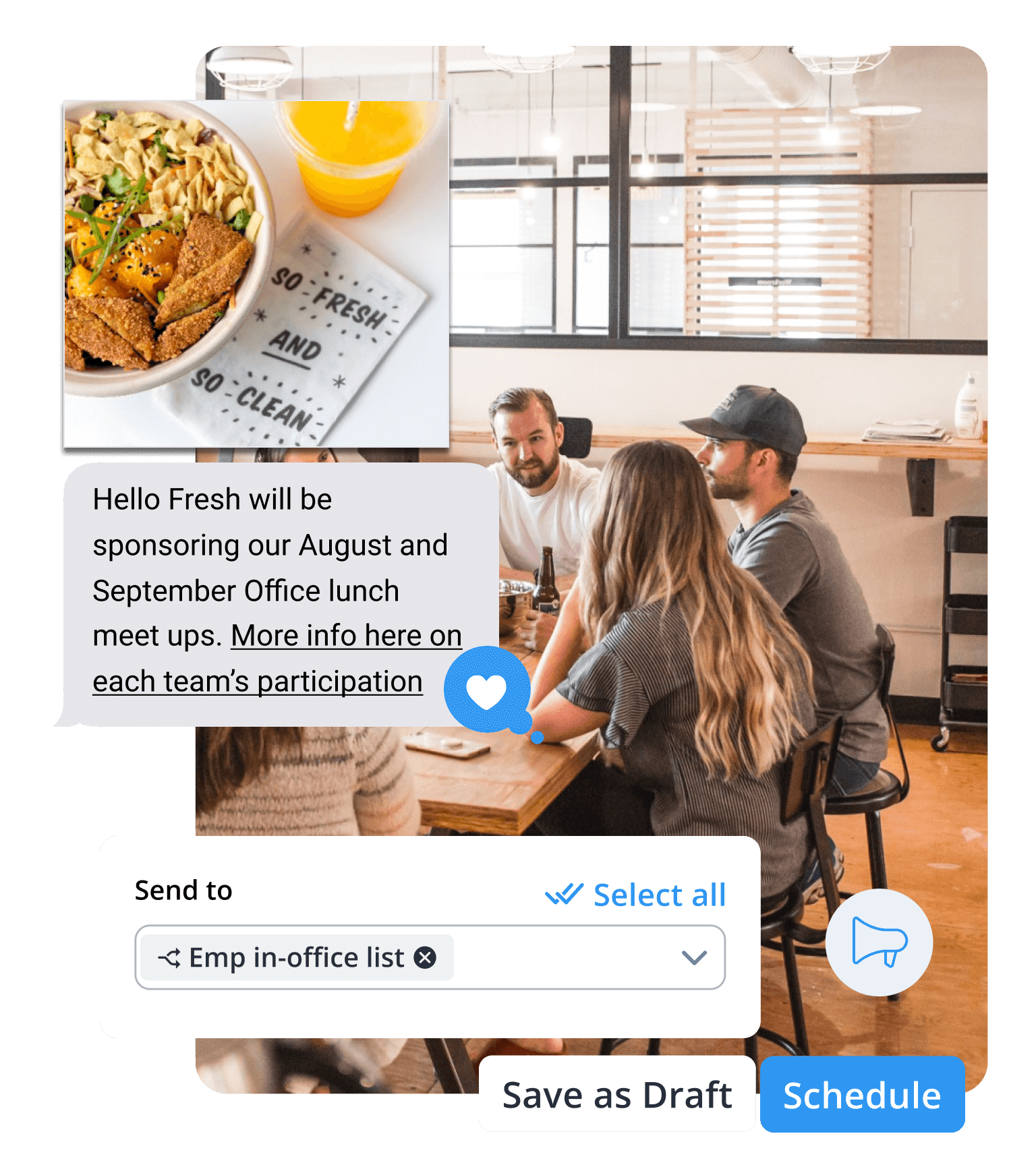 Four people meet around a table with a text message bubble near them that reads 