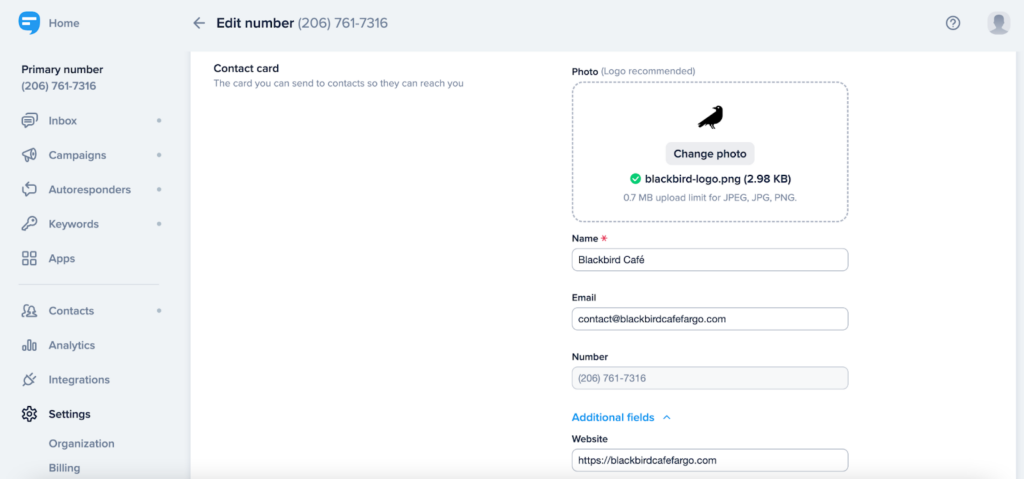 Creating an SMS contact card in SimpleTexting