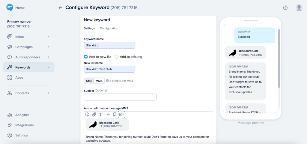 Setting up a text-to-join keyword