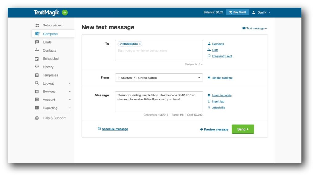 TextMagic's main Compose tab