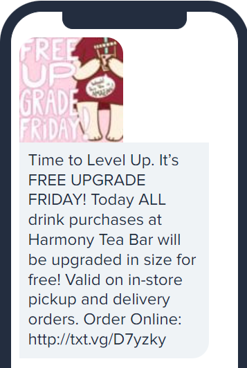 A sample text message from Harmony Tea Bar