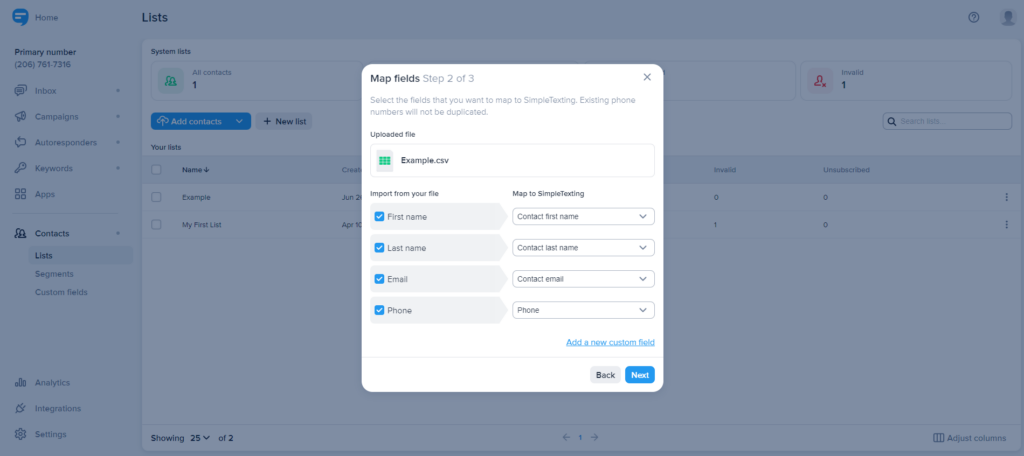 A screenshot of a user interface for managing contact lists in a messaging platform. There's a section titled "Lists" with options to add contacts or create a new list. A pop-up window titled "Map fields Step 2 of 3" shows how to map contact information fields such as first name, last name, email, and phone to the system's fields, aiding in sending BCC text messages.