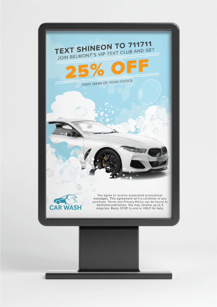 A car wash flyer urging the viewer to text a keyword to a number to join its text club.
