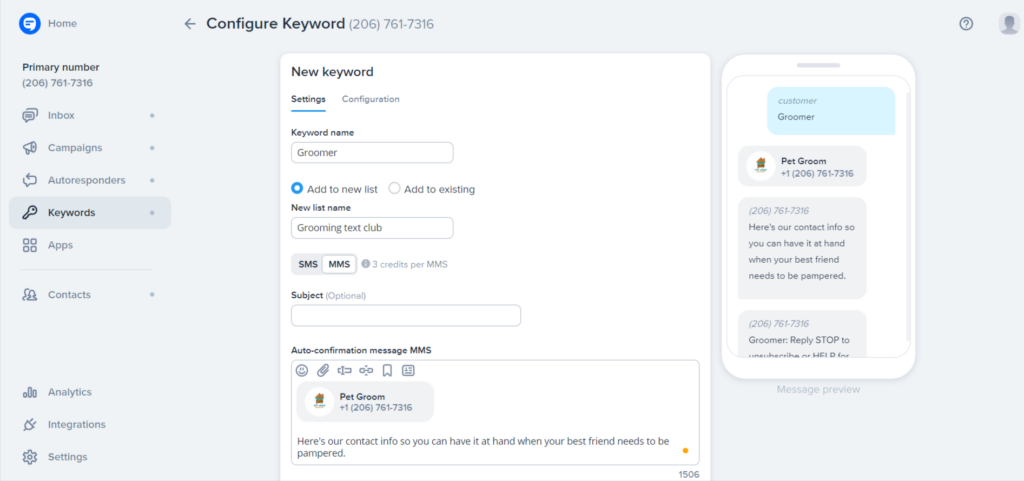 Creating a contact card keyword in SimpleTexting's SMS platform