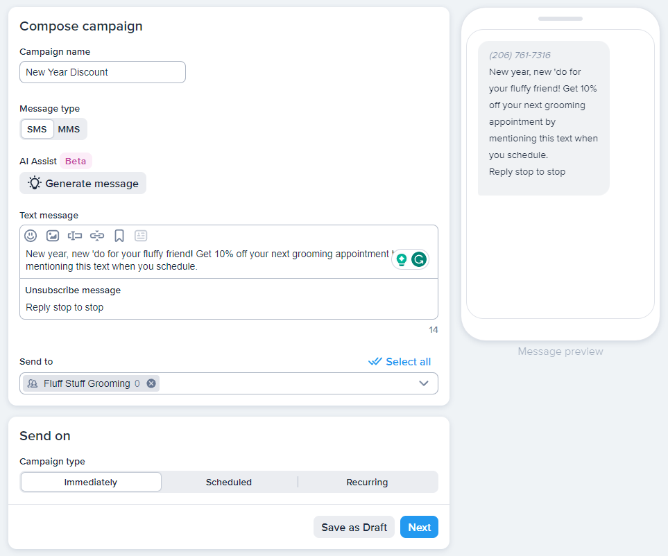 SimpleTexting’s Compose campaign window, featuring a campaign for a new year discount for a hypothetical grooming service.