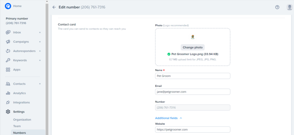 Screenshot of settings in SimpleTexting's platform where you can create a contact card