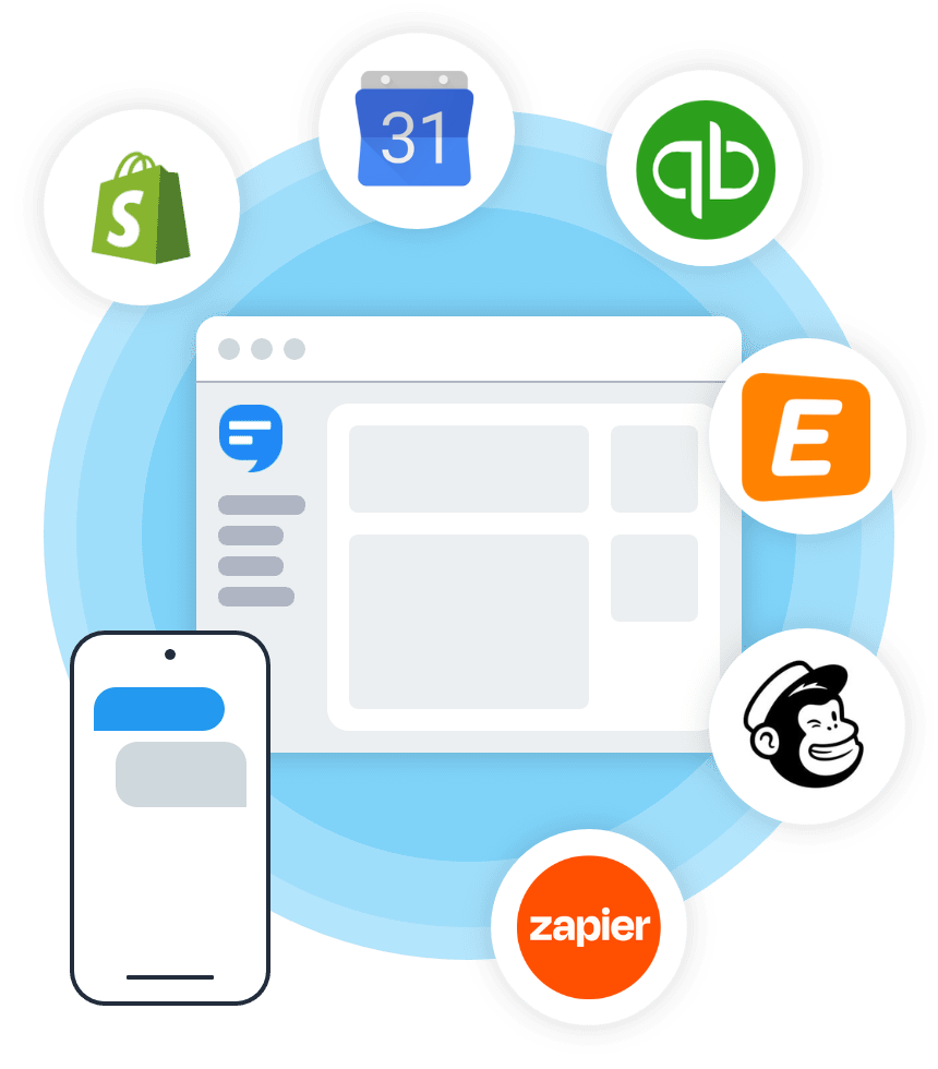 simpletexting dashboard illustration with software logos around it to show integrations