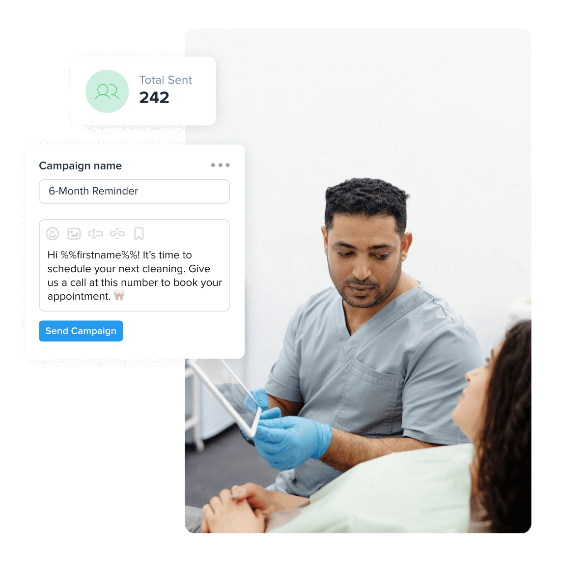 A dental professional consulting a patient with an SMS interface open, which is used for sending a mass texting reminder for a six-month dental check-up, emphasizing the role of mass texting in healthcare appointment scheduling.