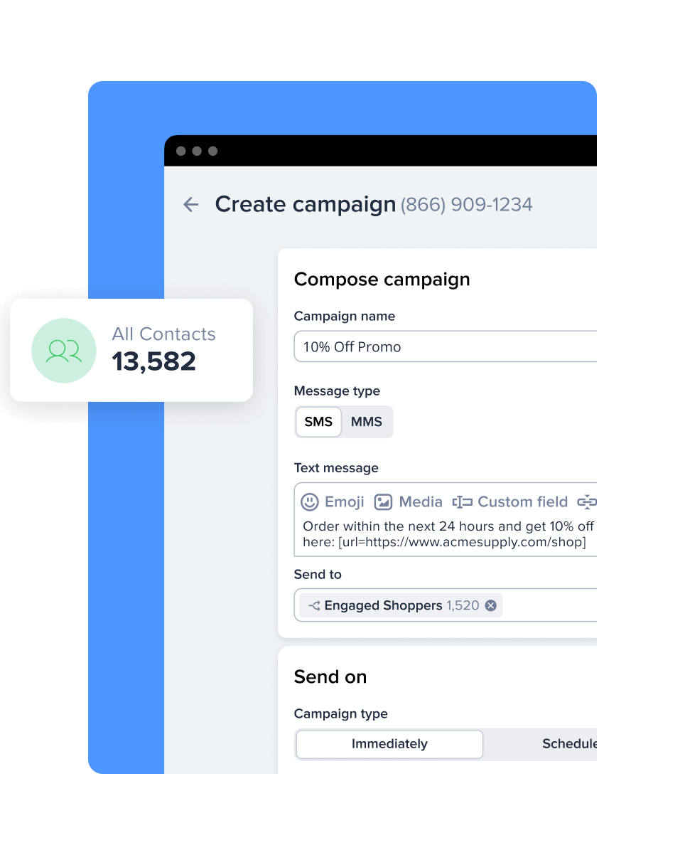 Screen grab from SimpleTexting's text marketing app that displays the ability to send a mass text. The UI shows various fields including: campaign name, text message, send to, and send time.