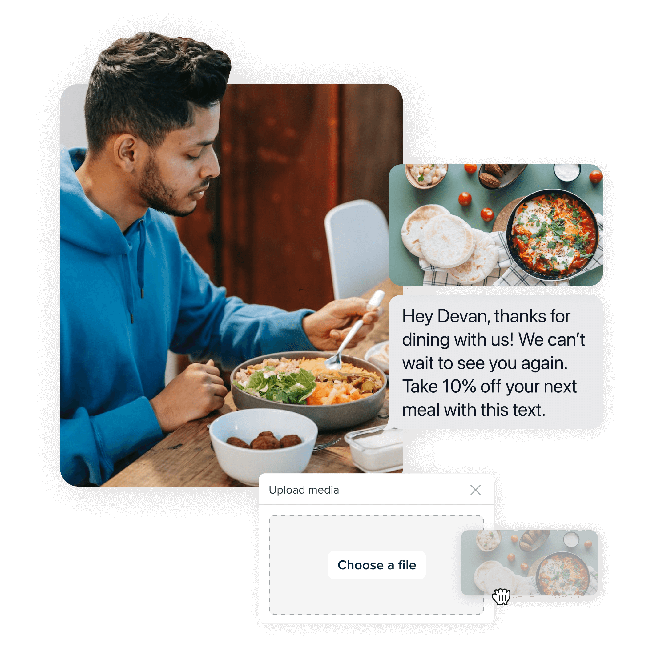 A photo of a small business owner holding packages. There are elements from SimpleTexting's mass texting service overlaid which demonstrate the ability to built a segmented audience list.