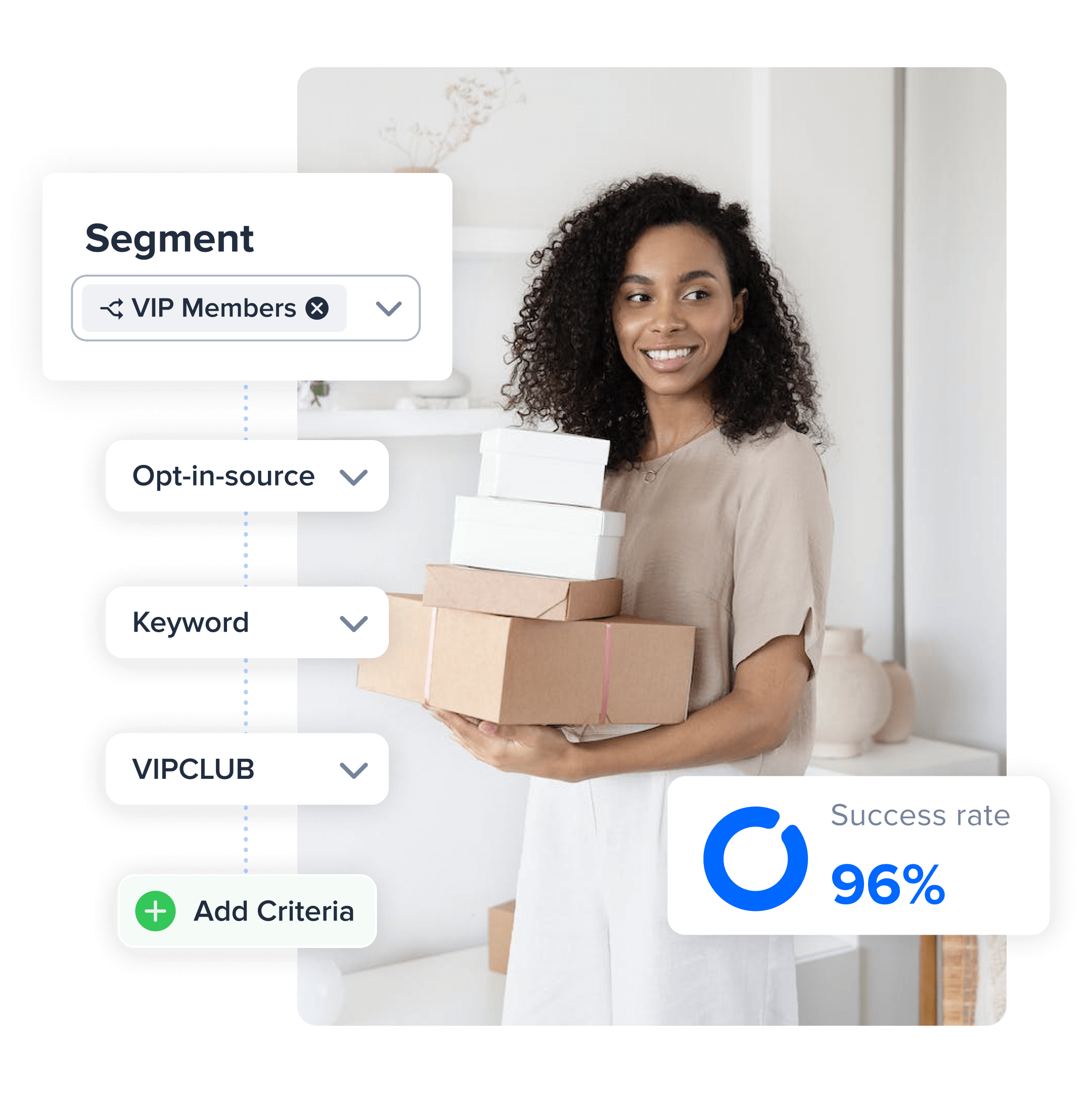 A photo of a small business owner holding packages. There are elements from SimpleTexting's mass texting service overlaid which demonstrate the ability to built a segmented audience list.