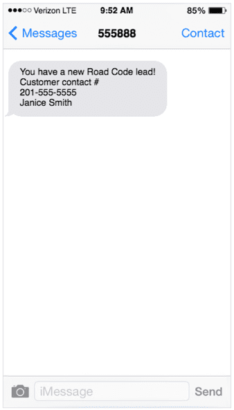iPhone screen with text message about a new Road Code lead