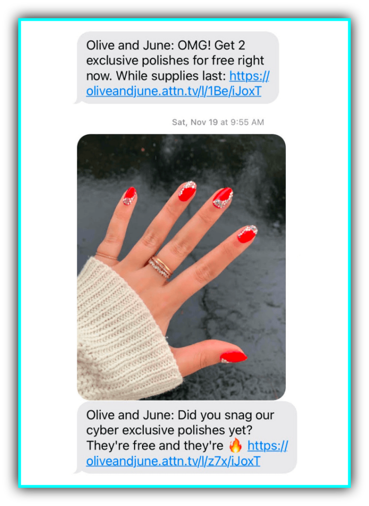 Olive and June reminds customers about free gifts with their SMS loyalty program
