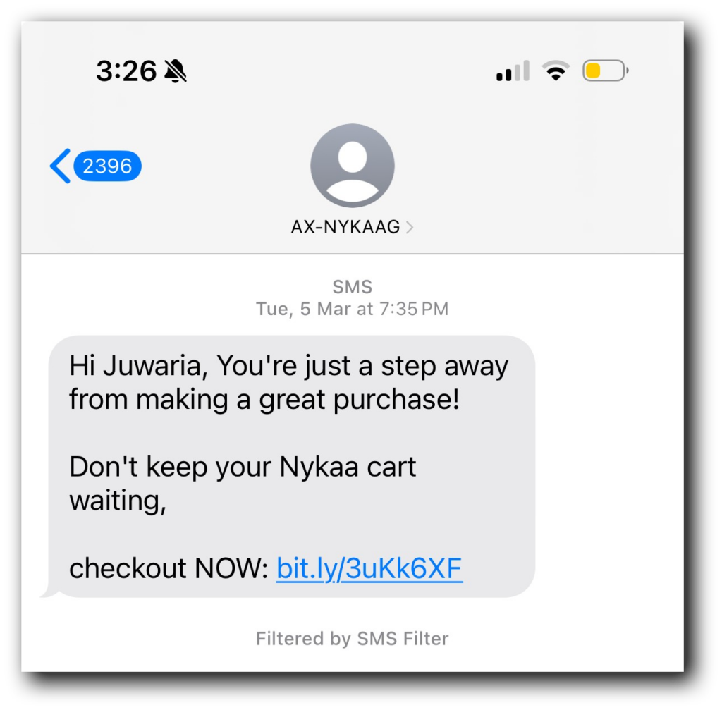 A text message that's been personalized with the subscriber's name