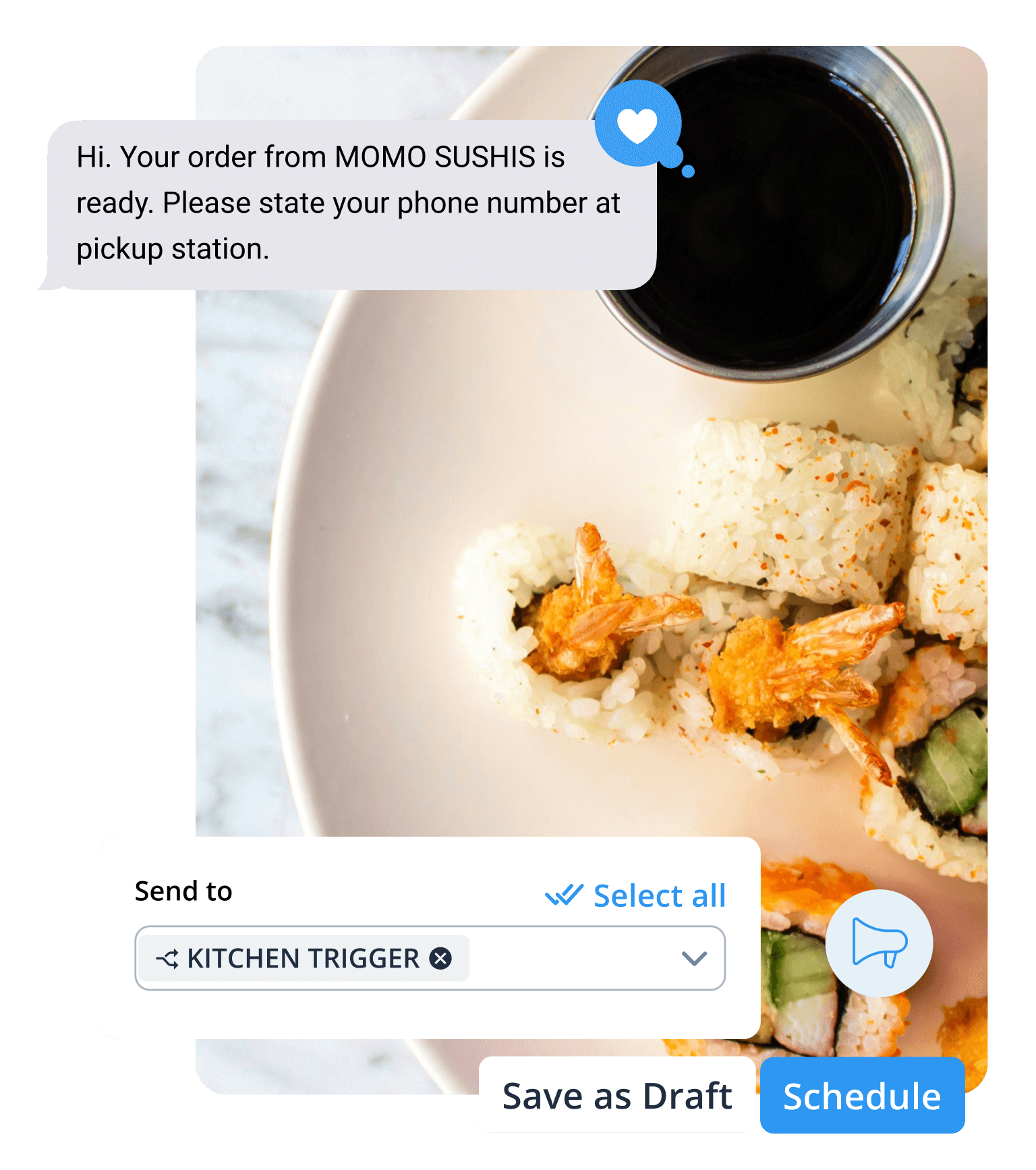 Sushi plate with text message bubble floating over it that reads 