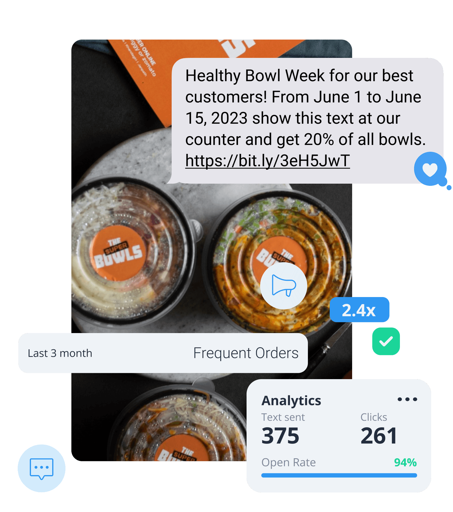Image of meals in refrigerator with a text message bubble above them that reads