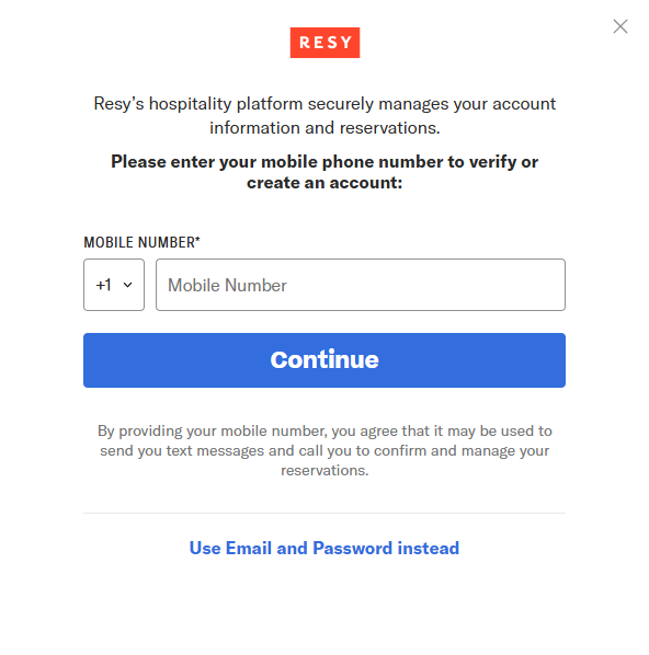 Resy's sign-up window with a prompt to add your mobile number to continue.