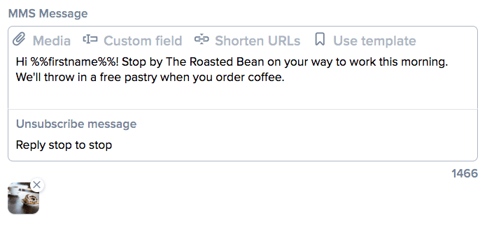 Screenshot of a new campaign in SimpleTexting, with custom fields inserted into the message body